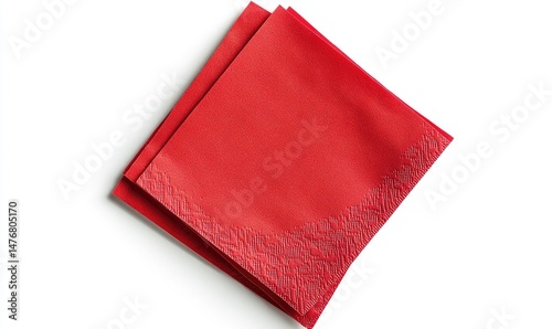 Two red square paper napkins, layered, with a subtle embossed design along the edges