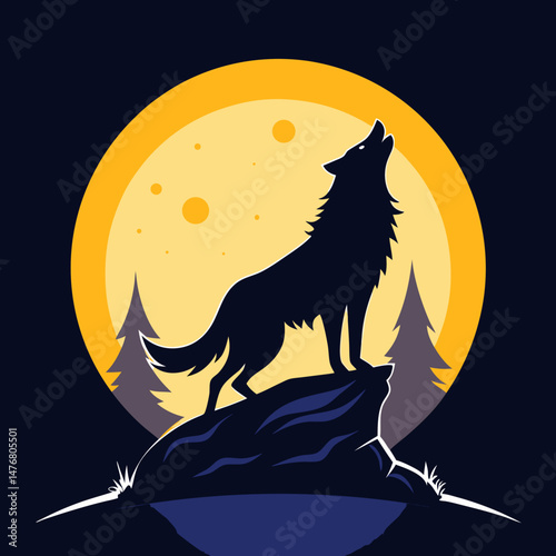 A black vector silhouette illustration depicts a wild wolf, a mammal of the Canidae family, howling at the full moon in the dark night sky