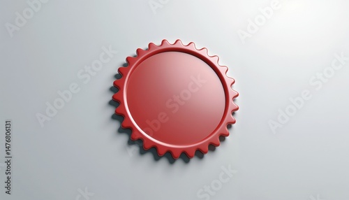 Glossy red badge on a smooth surface, 3D design, copy space
