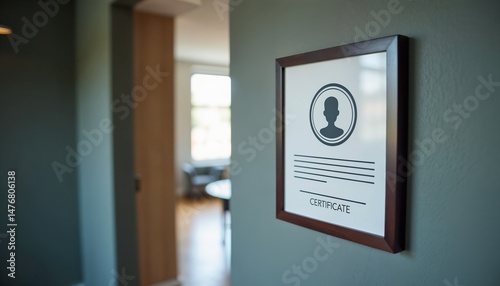 Certificate frame with silhouette on a grey wall, modern office environment