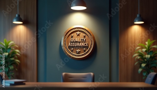 Quality assurance seal in a photorealistic office, modern panel wall, low light setting