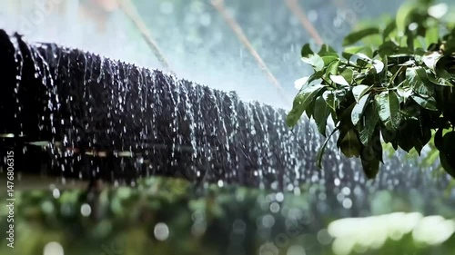Rainwater Harvesting System: Close-up view of a rainwater harvesting system in action, showcasing water cascading down a specially designed collection structure, with lush greenery in the foreground.