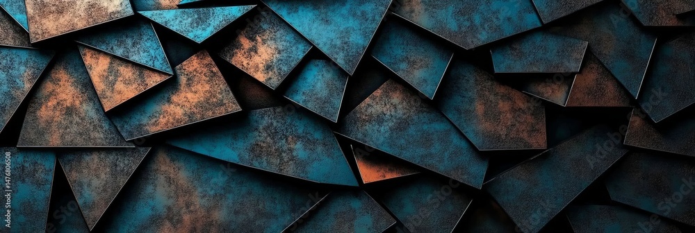 Abstract background with a blue and copper metallic texture of triangular shapes, a metal wall art print mockup. Dark textured wallpaper backdrop for a design studio. Abstract background with a blue and copper metallic texture of triangular shapes, a metal wall art print mockup. Dark textured wallpaper backdrop for a design studio.