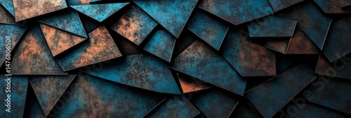  Abstract background with a blue and copper metallic texture of triangular shapes, a metal wall art print mockup. Dark textured wallpaper backdrop for a design studio. 