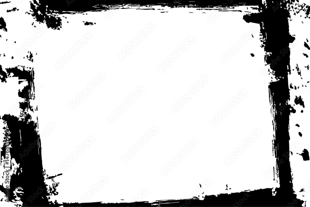Rectangular grunge border element. Features thick, uneven black brush strokes forming a modern, abstract frame. Perfect for edgy photo overlays, graphic design accents, or unique backgrounds.
