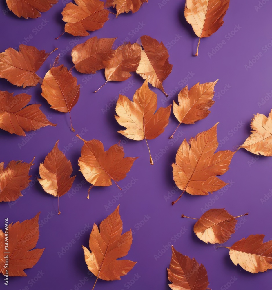 Obraz premium Dry orange metallic leaves, violet backdrop Geometric autumnal design , color, background