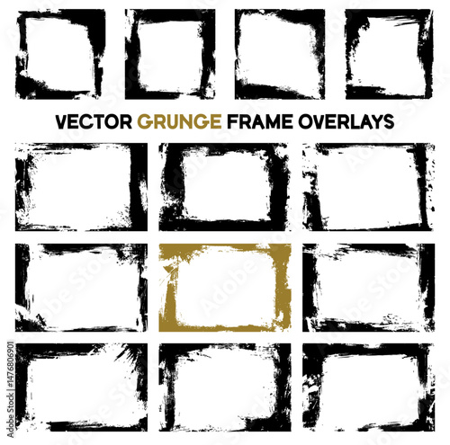 Set of vector grunge frame overlays. Collection of distressed rectangular and square shapes with rough, textured edges, ideal for edgy graphic designs, backgrounds, or artistic effects.