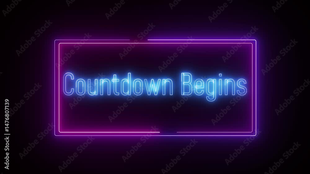 Bright neon 'countdown begins' text glowing on a dark backdrop, ideal for countdown timers, event promotions, and engaging video intros with a dramatic effect.
