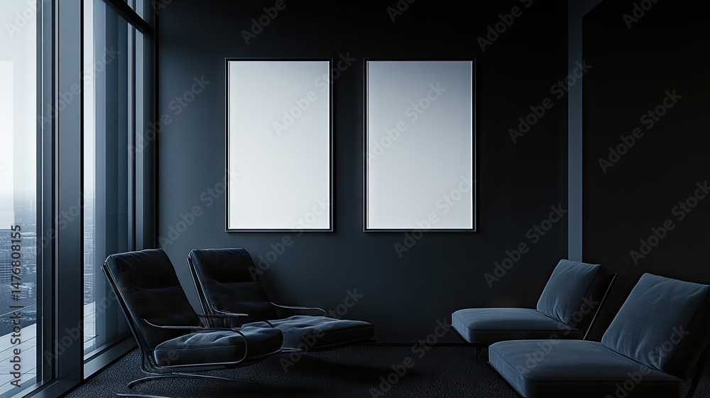 Fototapeta premium Two blank canvases in a dark modern room.