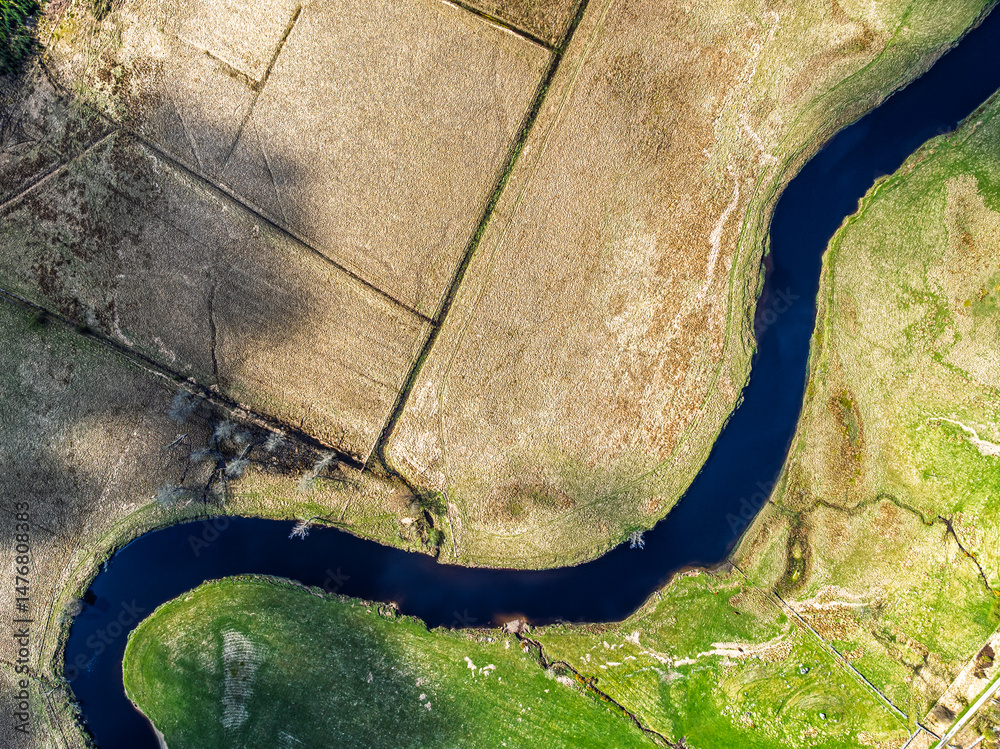 Top Down over Farms and River Dochart and Road A85 from a drone, Perthshire, Scotland, UK