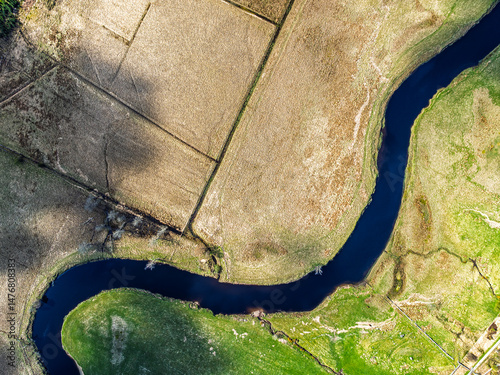 Obraz na płótnie Top Down over Farms and River Dochart and Road A85 from a drone, Perthshire, Scotland, UK w salonie