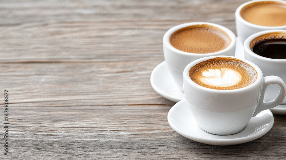 Fototapeta premium Warm coffee cups on wooden table, showcasing rich textures and inviting atmosphere