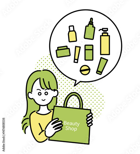 化粧品をまとめ買いする女性のイラスト