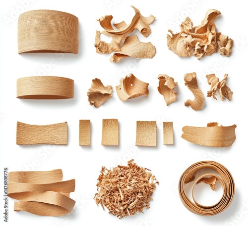 Various wood pieces in different shapes and sizes, including strips, shavings, chips, and sawdust, isolated on white background