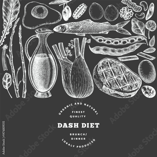 Dash Diet Design Template. Vector Hand Drawn Chalk Board Healthy Food Banner. Vintage Style Menu Chalkboard Illustration.