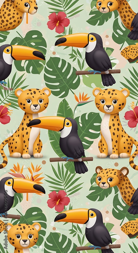Fototapeta premium Tropical Jungle Animal Seamless Pattern: Cheetahs and Toucans