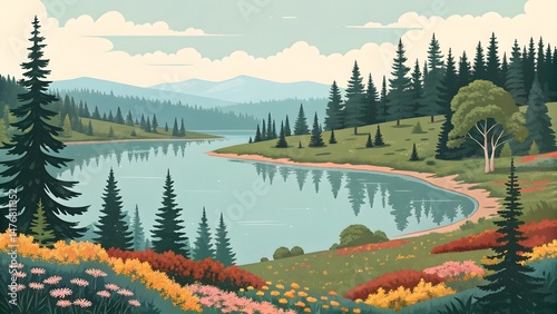Scenic mountain landscape with a lake reflecting the sky, surrounded by forest and wilderness
