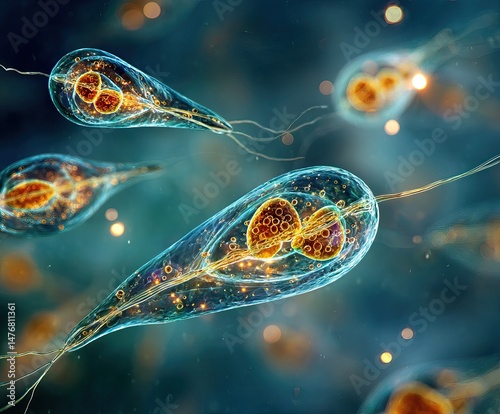 microscopic view of protozoa organisms, including amoeba, paramecium and euglena