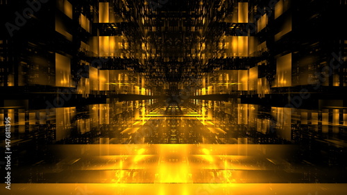 Obraz na plátně Vibrant golden light beams radiate in a complex geometric arrangement, creating an immersive atmosphere that evokes a sense of depth and motion in a digital environment