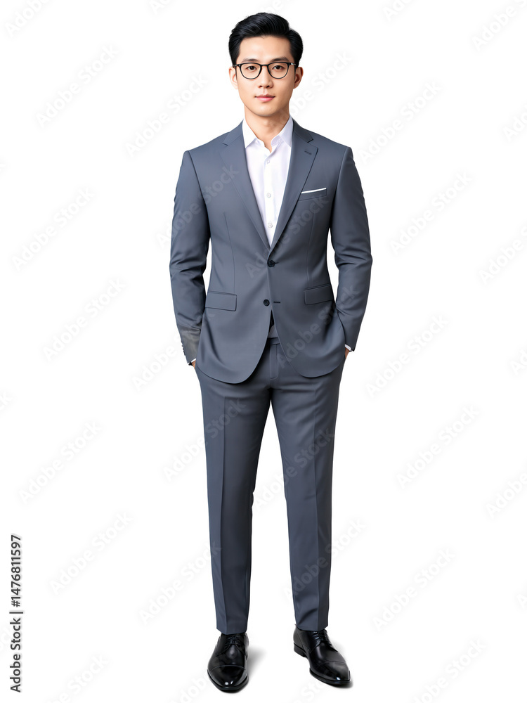 Portrait of a confident East Asian man with short black hair and eyeglasses, wearing a tailored charcoal gray business suit Portrait of a confident East Asian man with short black hair and eyeglasses, wearing a tailored charcoal gray business suit