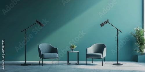 Minimalist podcast interview room with two microphones and chairs in the center