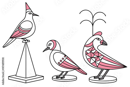 135 a collection of stylized bird sculptures, whimsical bird figurines, abstract bird statues, minimalist bird art, modern bird sculptures, contemporary bird designs, geometric bird forms, stylized bi