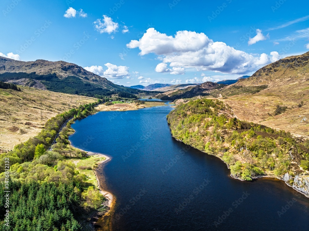 Loch Iubhair from a drone, Crianlarich, Highlands, Scotland, UK