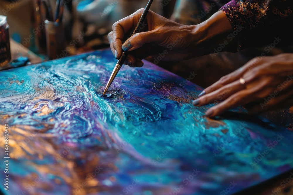 Obraz premium Artistic Hands Painting a Textured Abstract with Blue and Purple Hues