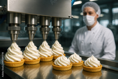 A factory worker wearing a mask and hairnet monitors ice cream being dispensed into tart shells by an automated machine in a food production facility.