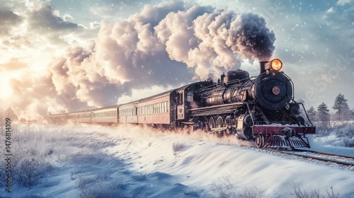 A majestic steam train moving through a snowy landscape at sunrise.