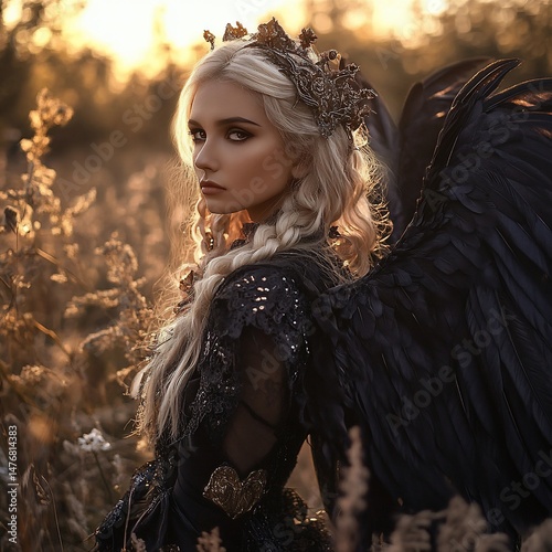 Elegant blonde woman with dark wings and crown