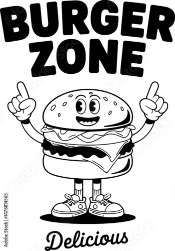 Burger zone delicious cartoon mascot illustration in black and white