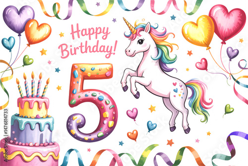 Joyful Watercolor Unicorn Jumping by Number 5 – Birthday Clipart for Kids
