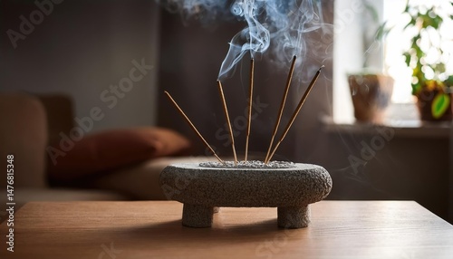 Natural incense sticks on a stone stand smolder in the cozy interior of the room. Fragrant smoke
