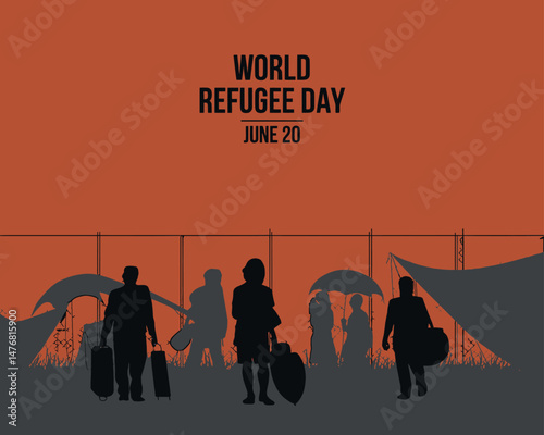 World Refugee Day graphic depicting people near tents and a fence