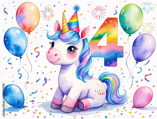 Watercolor unicorn with rainbow number 4, pastel confetti, balloons and soft fireworks for magical kids birthday