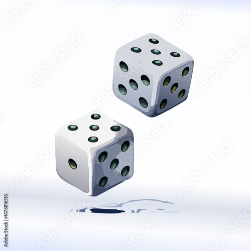Two Rolling Dice Mid-Air Casting Shadows on a White Background

