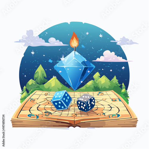 Colorful Dice and Game Pieces on a Treasure Map Board Game Adventure

