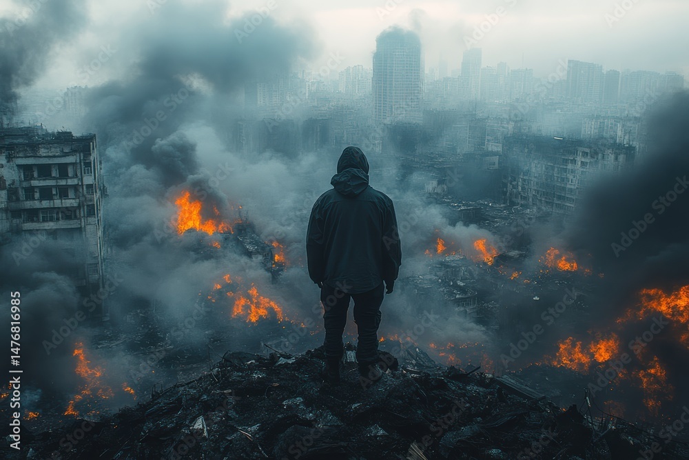 Obraz premium Fire and smoke engulf a deserted cityscape showcasing the effects of labor rights violations