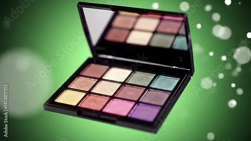 Professional multicolor eye shadow palette floating over a green background. Vibrant shades, perfect for beauty displays, makeup tutorials, and cosmetic advertising. Modern and elegant design.