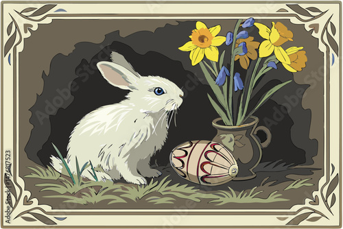 136 antique frame, oil painting, hyper-detailed, hyperrealistic, photorealistic, still life, rabbit, bunny, easter egg, daffodils, bluebells, flowers, vase, textured background, dramatic lighting, int