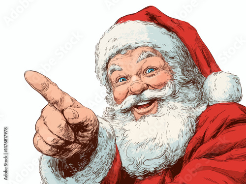 Santa Claus, adorned in his classic red suit, beams with happiness while pointing to the right, sharing festive cheer and holiday spirit. His playful demeanor invites celebration.