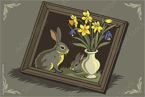 136 antique frame, oil painting, hyper-detailed, hyperrealistic, photorealistic, still life, rabbit, bunny, easter egg, daffodils, bluebells, flowers, vase, textured background, dramatic lighting, int