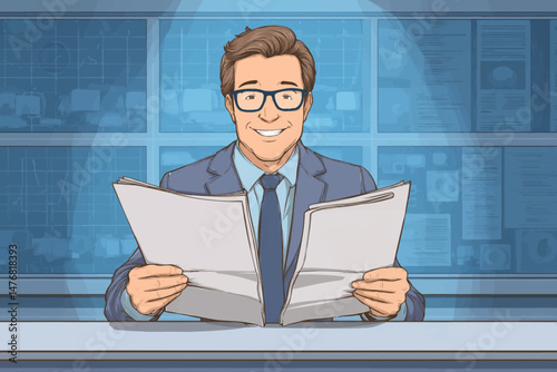 News anchor with glasses is seated at a desk, reviewing papers while providing updates on current events in a well-lit studio, conveying professionalism and engagement.
