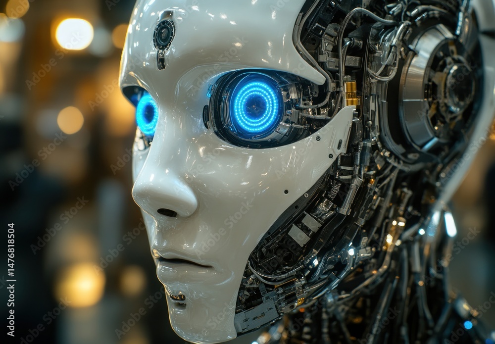 Fototapeta premium Futuristic humanoid robot with glowing blue eyes showcasing advanced technology and intricate mechanical details in a modern environment