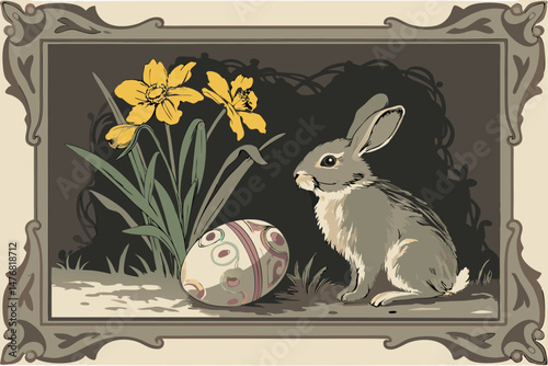 136 antique frame, oil painting, hyper-detailed, hyperrealistic, photorealistic, still life, rabbit, bunny, easter egg, daffodils, bluebells, flowers, vase, textured background, dramatic lighting, int