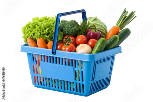 Fresh vegetables in a blue basket isolated on a png background, blue basket, vegetables, fresh, food, grocery, shopping, healthy, organic, diet, nutrition, produce, tomatoes, carrots, cucumbers, brocc