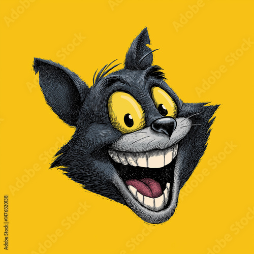 Joyful Cat Illustration: A smiling cartoon cat's head with exaggerated features is presented against a flat, monochromatic backdrop, exuding cheerfulness and whimsy.