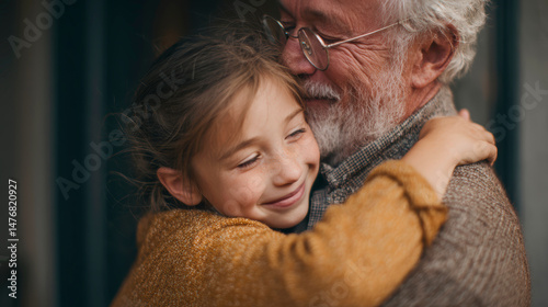 Grandfather hugs granddaughter on Father's Day. Nostalgic and tender atmosphere. Moment of family love and affection