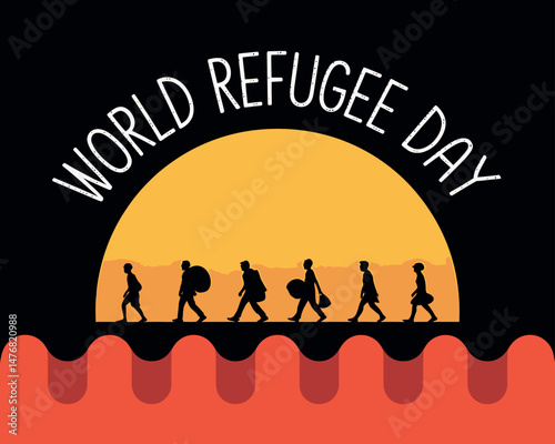 World Refugee Day graphic of silhouettes migrating against sunset